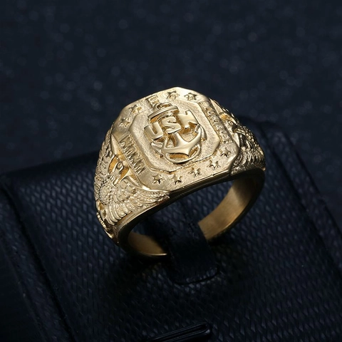 US Navy USN Anchor Eagle Men's Ring Hip Hop Military Style Titanium Steel Gold Silver Plated Retro Signet Ring Jewelry