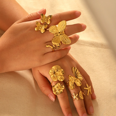 Adjustable Open Rings For Women Stainless Steel Gold Plated Butterfly Flower Heart Snake Starfish Shell Fashion Jewelry