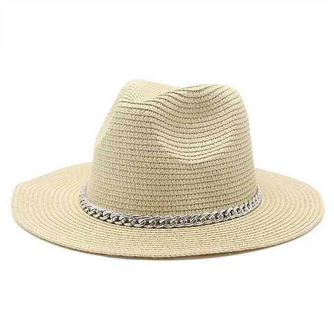 Cappello Fedora Di Paglia Panama Protezione Solare Estate Spiaggia Tesa Larga Con Catena Di Metallo Argento Jazz Vintage Uomo Donna