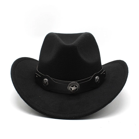 Western Cowboy Hat Woolen Felt Wide Brim With Leather Band Metal Star Conchos Retro Outdoor Travel Fedora Men Women
