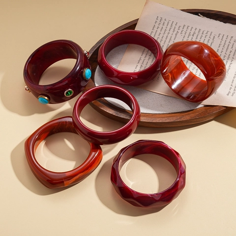 Retro Resin Bangle Acrylic Geometric Faceted Wide Bracelet Bohemian Ethnic Jewelry With Turquoise Alloy Inlay For Women
