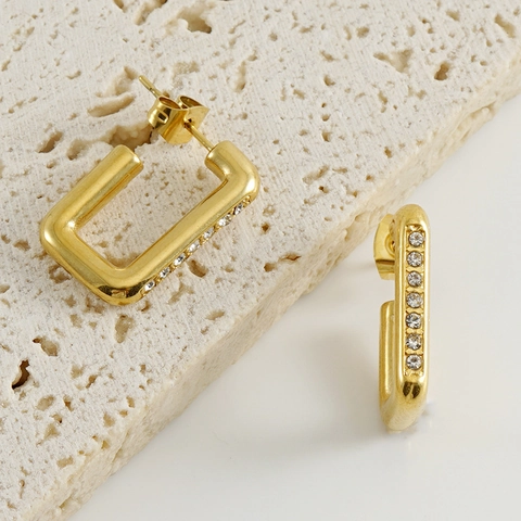 18K Gold Plated Stainless Steel Square Hoop Earrings With Rhinestone Geometric Rectangular Studs For Women