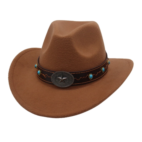 Chapeau De Cowboy Western Feutre Polyester Vintage Bord Large Bande Cuir Perles Turquoise Boucle Étoile Style Ethnique
