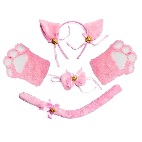 Cerchietto Orecchie Gatto Peluche Guanti Zampa Girocollo Coda Accessori Travestimento Animale Pelliccia Sintetica Per Cosplay