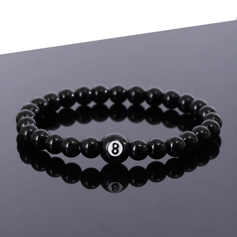 Billiard Eight Ball Lucky Black Beaded Bracelet Elastic Glass Resin Beads Sports Style Jewelry For Men And Women