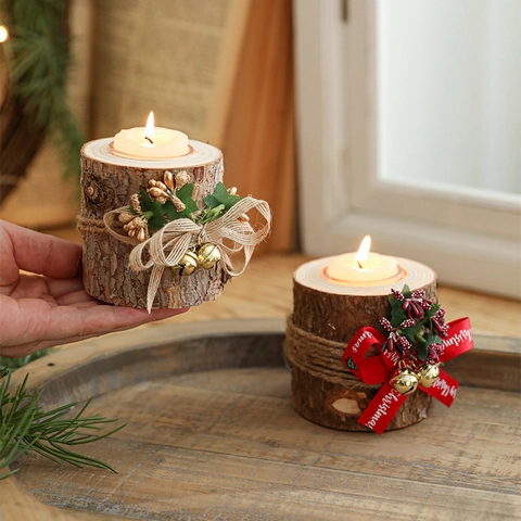 Bougeoir De Noël En Bois De Bouleau Naturel Avec Écorce D'arbre Socle Pour Table De Fête Décoration Rustique De Ferme