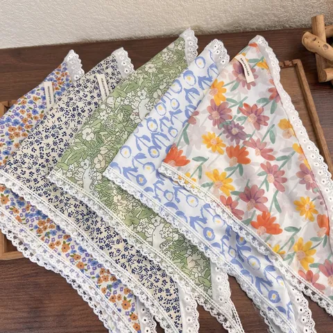 French Retro Floral Cotton Triangle Scarf Headwear Lace Trim Pastoral Style Adjustable Hair Bandana For Women Girls