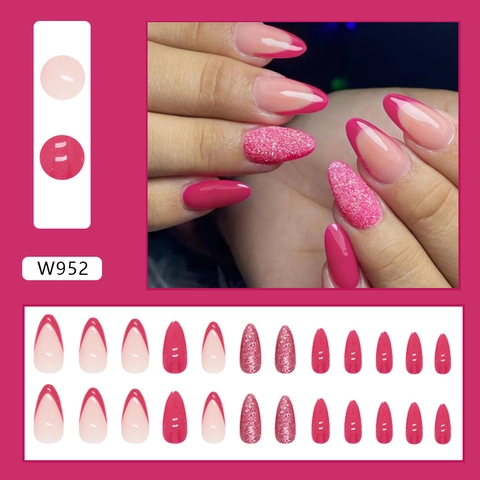 Almond Press On Nägel Dunkelrosa Französische Spitze Glitzer Lang Künstliche Falsche Fingernägel Für Damen Elegant
