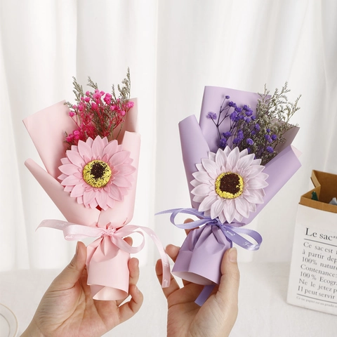 Mini Sunflower Soap Flower Bouquet With Dried Gypsophila Valentine Mother Day Birthday Graduation Gift Handcrafted Decor
