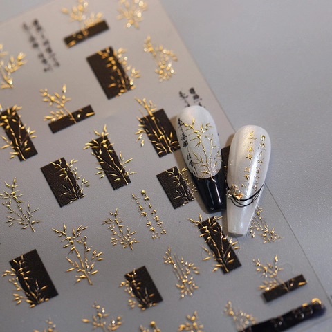 Autocollants Art Des Ongles Style Chinois Bronzage Doré Bambou Calligraphie 3D Gaufré Adhésif Ultra Mince Décoration Manucure