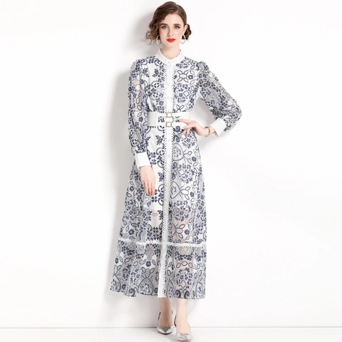 Robe Maxi Élégante Pour Femmes Dentelle Maille Manches Lanternes Col Montant Boutonnée Imprimé Fleuri Avec Ceinture