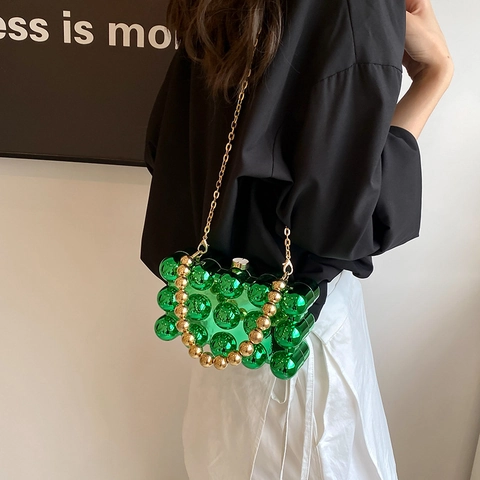 Women Acrylic Bubble Box Evening Bag Metallic Gloss Ball Texture Gold Chain Strap Party Clutch Small Handbag Fashion