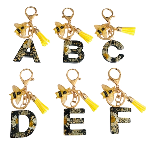 Initial Letter Keychain Resin With Real Dried Flowers Gold Foil Bee Charm Yellow Tassel Gold Metal Clip Fashion Accessory