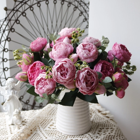 Artificial Peony Rose Flower Bouquet Satin Cloth Multi-Head Lifelike Floral Arrangement For Home Wedding Decor Desktop Ornament