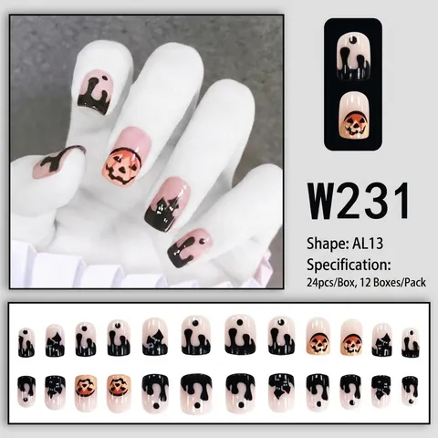 Halloween Press On Nails Black Pumpkin Castle Pattern Glossy Short Square Fake Nails For Women Girls