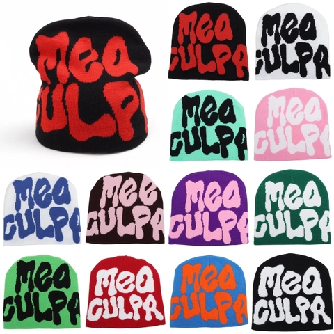 Knitted Beanie Acrylic Letter Jacquard Warm Winter Hat Streetwear Hip Hop Unisex Outdoor Windproof Daily Casual Wear