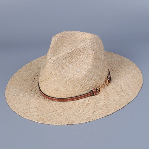 Raffia Fedora Hat Women Wide Brim Sun Protection Summer Beach Travel Straw Jazz Cap With Leather Strap Metal Buckle