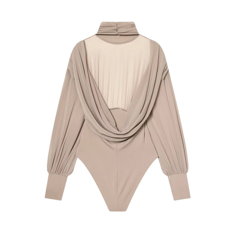 Body Da Donna A Maniche Lunghe In Mesh Patchwork Collo Alto Arricciato Sexy Trasparente Elegante Top Intero Cachi