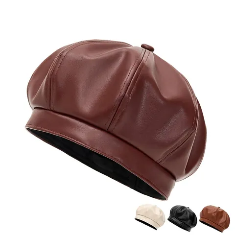 Women PU Leather Beret Newsboy Cap Vintage Octagonal Eight-Panel Adjustable Solid Color Autumn Winter Artist Hat