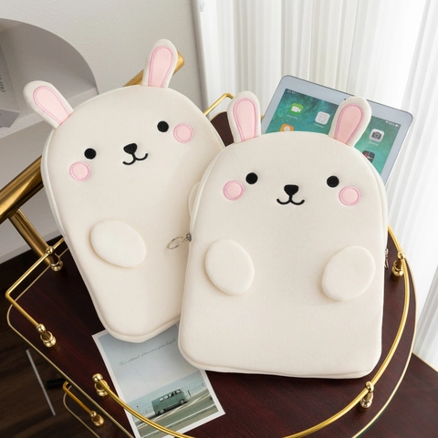Housse Pour Ordinateur Portable Lapin Pochette Tablette Peluche Broderie Dessin Animé Antichoc Étui De Protection Blanc Ivoire