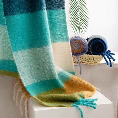 Zachte Ruit Sjaal Met Kwastjes Voor Dames Polyester Mohair Gevoel Gestreept Herfst Winter Warme Sjaal Wikkel Mode Woon-werkverkeer Accessoire
