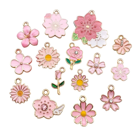 Flower Charms Pendants Enamel Zinc Alloy Pink Cherry Blossom Daisy Rose For DIY Jewelry Making Crafts Keychain Necklace