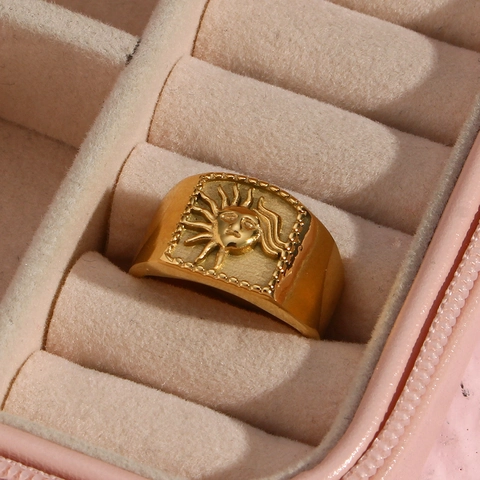 Vintage Sonnengesicht Quadratischer Siegelring Für Damen Edelstahl Vergoldet Minimalist Boho Geometrisch Statement Ring Schmuck