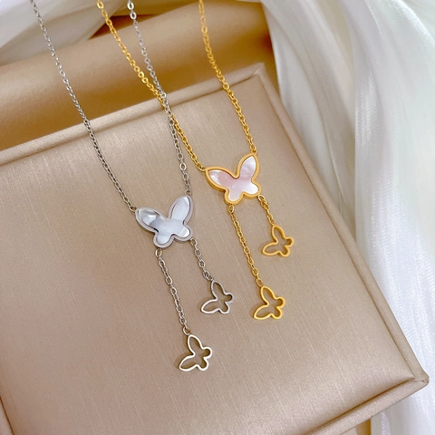 Butterfly Pendant Necklace Stainless Steel Mother Of Artificial Pearl Shell Minimalist Jewelry For Women