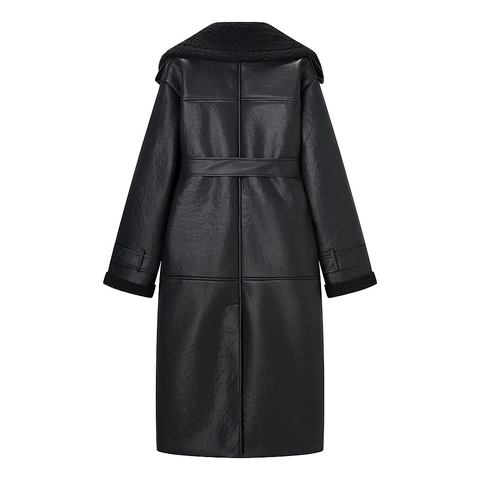 Women PU Leather Long Trench Coat Faux Fur Integrated Warm Lapel Belted Winter Jacket