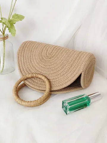 Borsa Tessuta Da Donna Corda Di Cotone Semicerchio Guscio Tote Bag Manico Tondo Bohemian Spiaggia Vacanze Pendolare Minimal