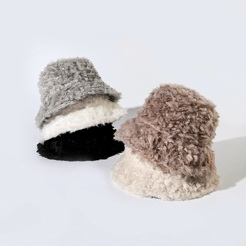 Winter Warm Plush Bucket Hat Faux Fur Solid Color Windproof Outdoor Basin Hat For Large Head Circumference Accessories