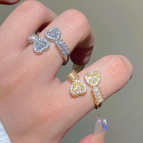 Adjustable Copper Heart Ring For Women Elegant Zirconia Inlaid Open Finger Ring Fashion Commuting Jewelry Birthday Gift Valentine Day