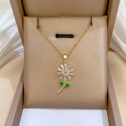 Collier Pendentif Fleur Marguerite Plaqué Or Acier Inoxydable Cuivre Zircon Bijoux Floraux Étincelants Pour Femmes