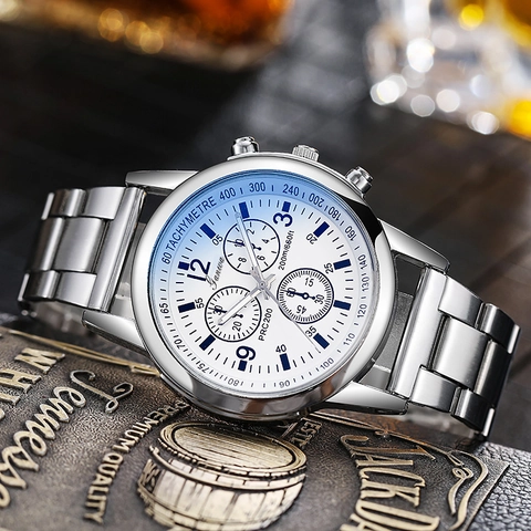 Men's Quartz Watch Stainless Steel Strap Water Resistant Chronograph Style Luminous Business Casual Wristwatch