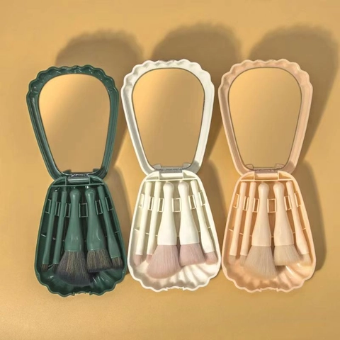 Shell Shaped Portable Makeup Brushes Mirror Storage Case Nylon Bristles For Eye Shadow Powder Foundation Beauty Tool