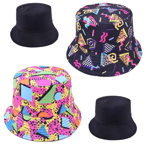 Cappello A Secchiello Cotone Reversibile Protezione Solare All Aperto Retro Stampa Geometrica Streetwear Unisex