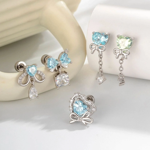 Heart Bow Cartilage Piercing Ear Stud With Light Blue Cubic Zirconia Alloy Dangle Helix Jewelry Women