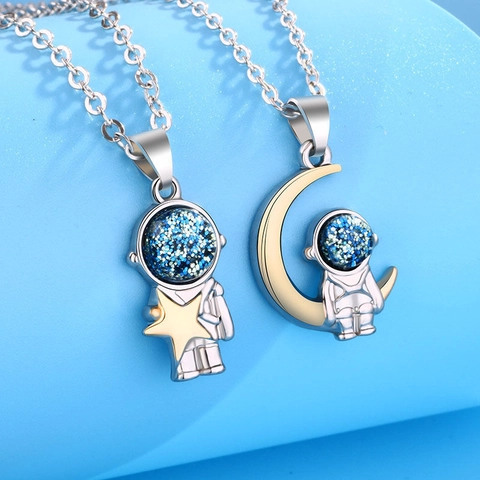 Astronaut Weltraumfahrer Stern Mond Anhänger Halsketten Edelstahl Blau Glitzer Visier Schmuck Geschenk Für Paare Freunde