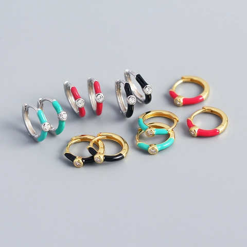 925 Sterling Silver Hoop Earrings With Colorful Enamel And Zircon Inlaid Minimalist Geometric Jewelry For Women