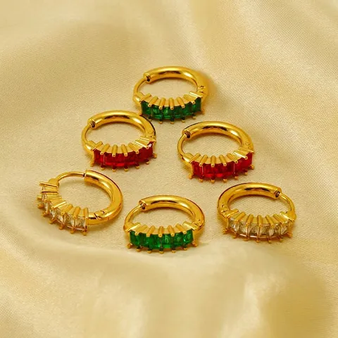 Vintage Baguette Zircon Hoop Earrings 18K Gold Plated Stainless Steel Geometric Huggie Jewelry For Women