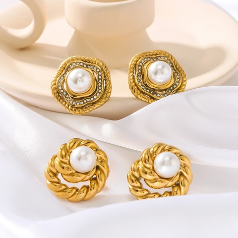 Pendientes De Botón Vintage De Acero Inoxidable Con Chapado En Oro De 18 Quilates Perla Artificial Y Circón Para Mujer