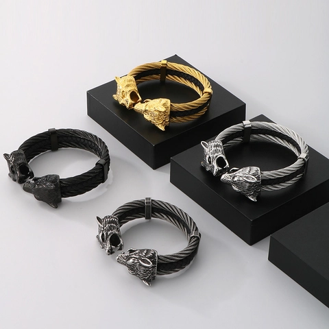 Double Wolf Head Open Cuff Bracelet Stainless Steel Cowhide Leather Braided Wire Viking Punk Bangle For Men Retro