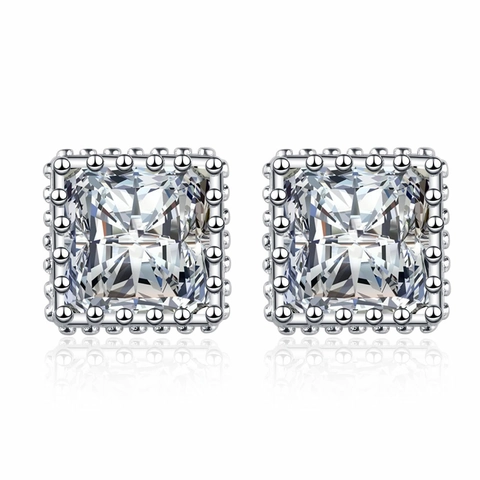 Square Zirconia Stud Earrings For Women Copper Electroplated Geometric Micro Bead Border Elegant Fashion Jewelry Ear Accessories
