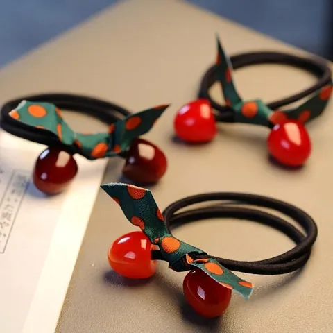 Sweet Cherry Resin Bead Dotted Ribbon Bow Elastic Hair Bands Fashion Hair Ties For Women Girls Ponytail Holders