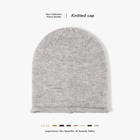 Slouchy Wool Knitted Beanie Hat Solid Color Warm Rolled Edge Winter Skull Cap For Men Women