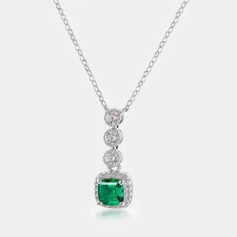 Vintage Pendant Necklace 925 Sterling Silver Lab-Created Emerald Ruby Sapphire Gemstone Halo Square Zirconia Women
