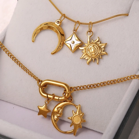 Stainless Steel 18K Gold Plated Celestial Sun Moon Star DIY Pendant Charms For Jewelry Making Zircon Shell Accents Pendants