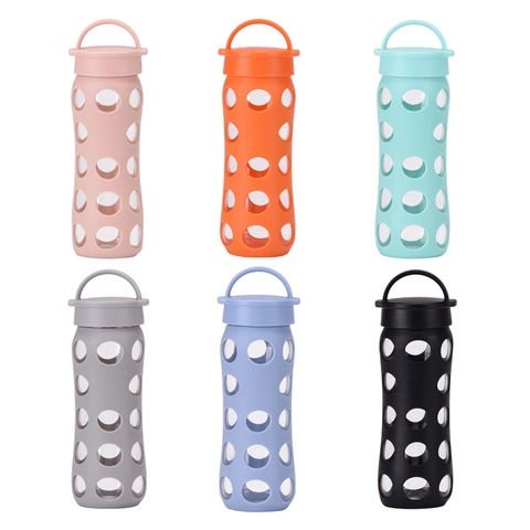 Borosilicaat Glas Waterfles Met Siliconen Hoes Draagbaar Handvat Deksel Hittebestendig Brede Mond Drinkgerei