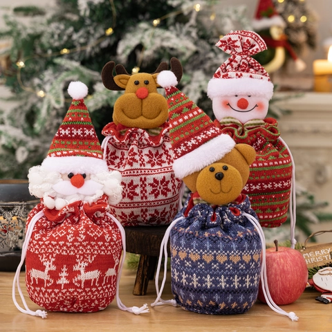 Christmas Gift Bags Knitted Plush Drawstring Candy Apple Pouch Holiday Party Decor Santa Snowman Reindeer Bear