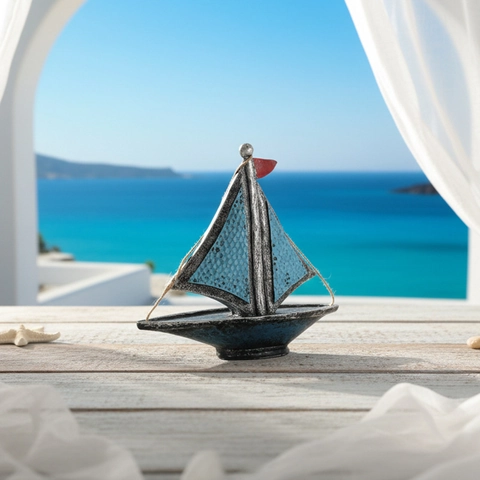 Mediterranean Sailboat Ornament Resin Nautical Ship Model Textured Sails Desktop Decor Vintage Coastal Style Home Office